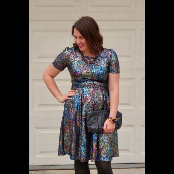 Lularoe Elegant Unicorn Amelia Dress Oil Slick Rainbow Mermaid Metallic - Picture 1 of 14